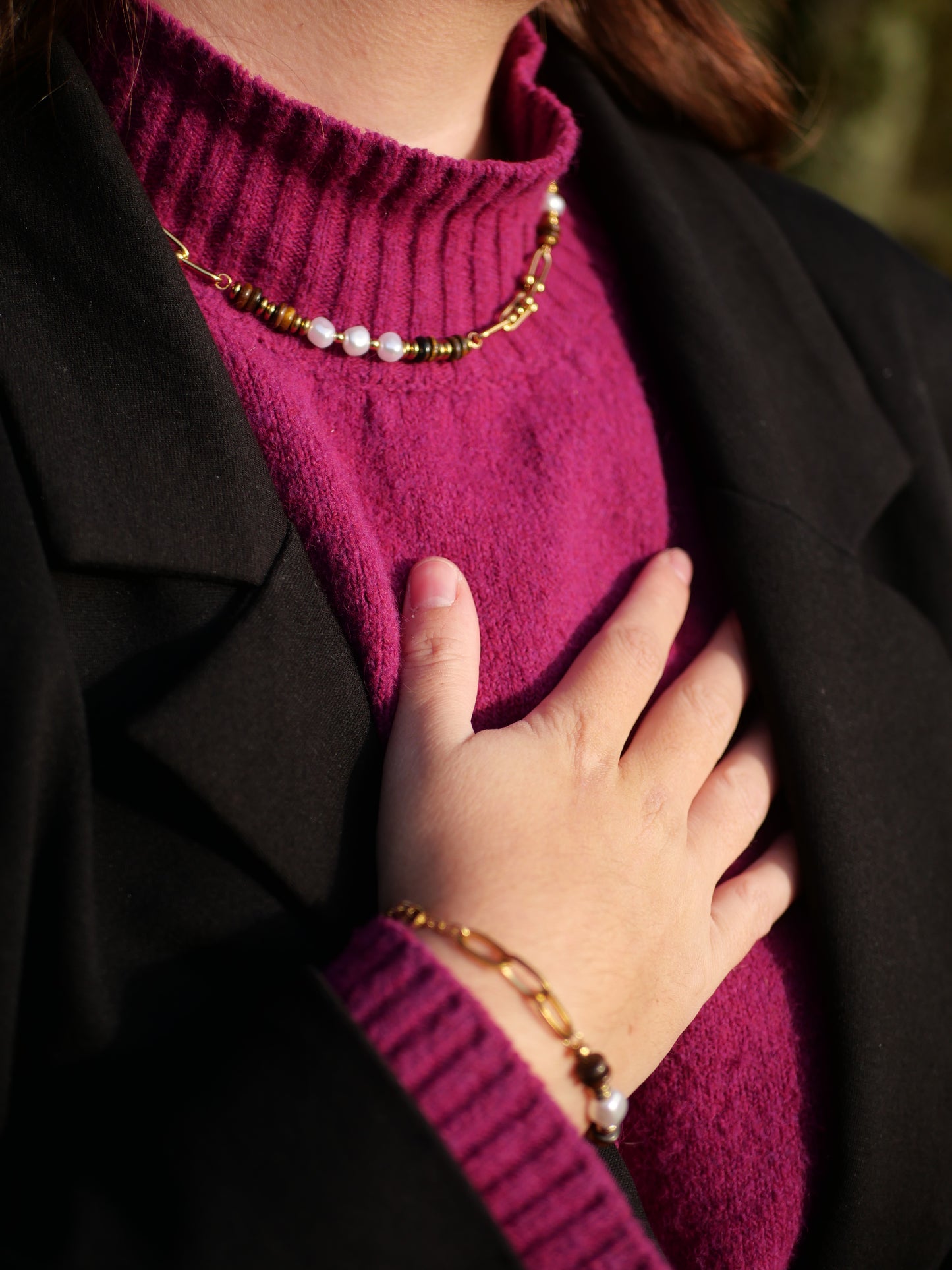 Collier et bracelet ensemble perle et Or Marron acier inoxydable chez ceane