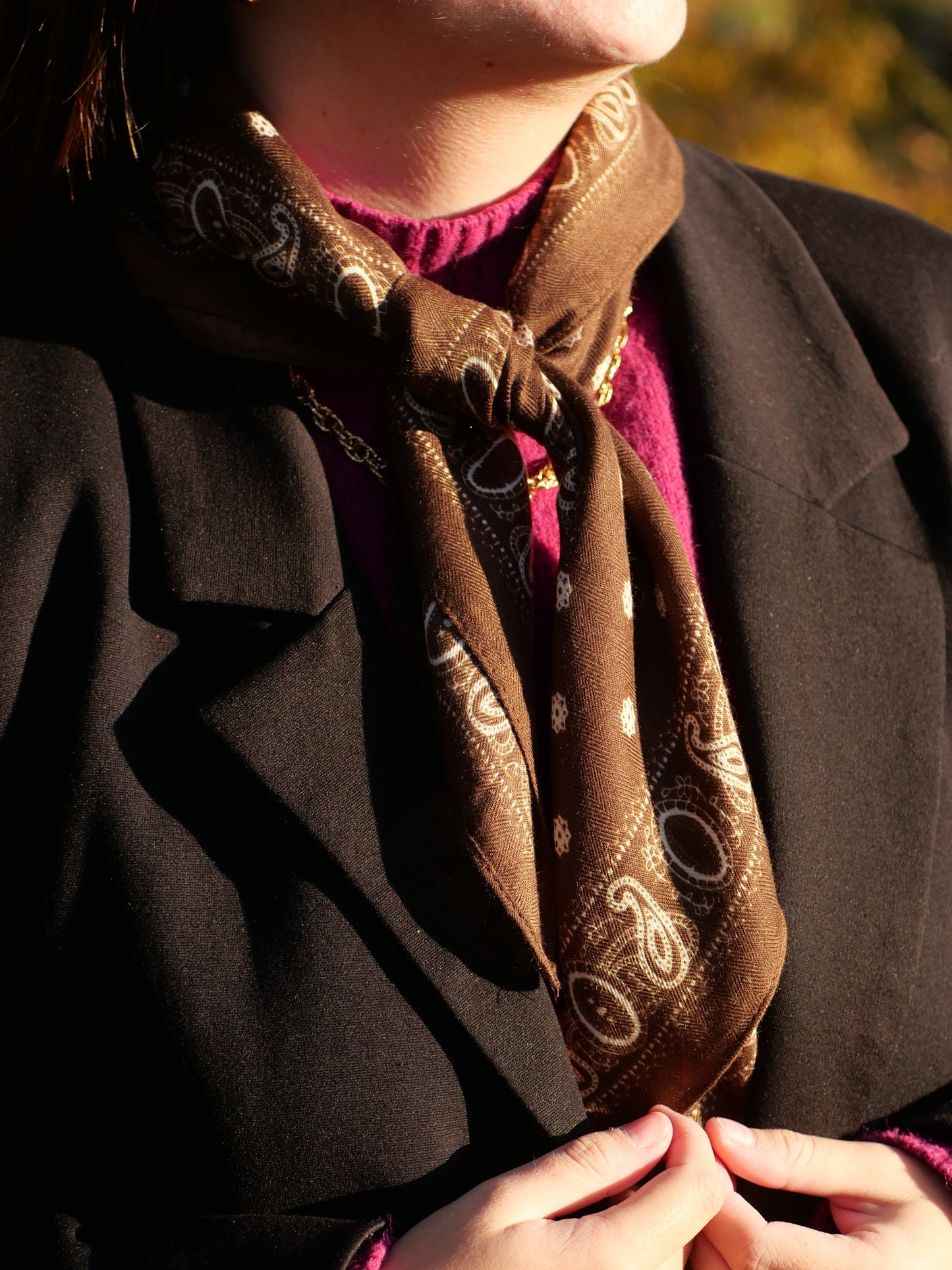 Foulard carre soie marron poid blanc chez ceane