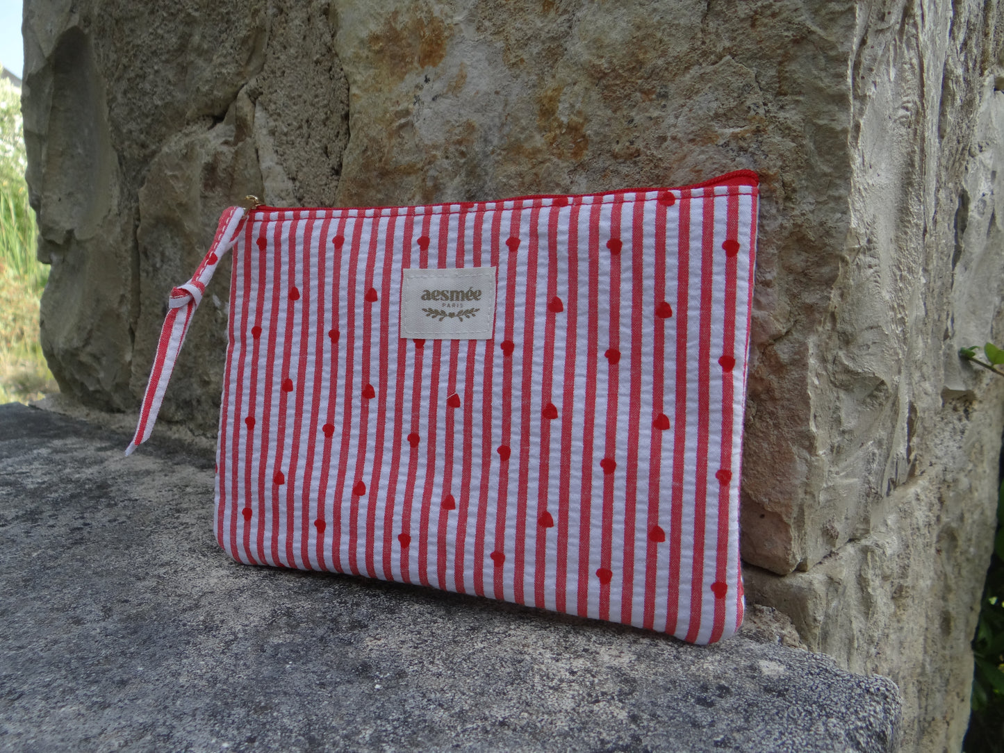 Trousse rouge et blanc rayé motif coeur - Chez Ceane