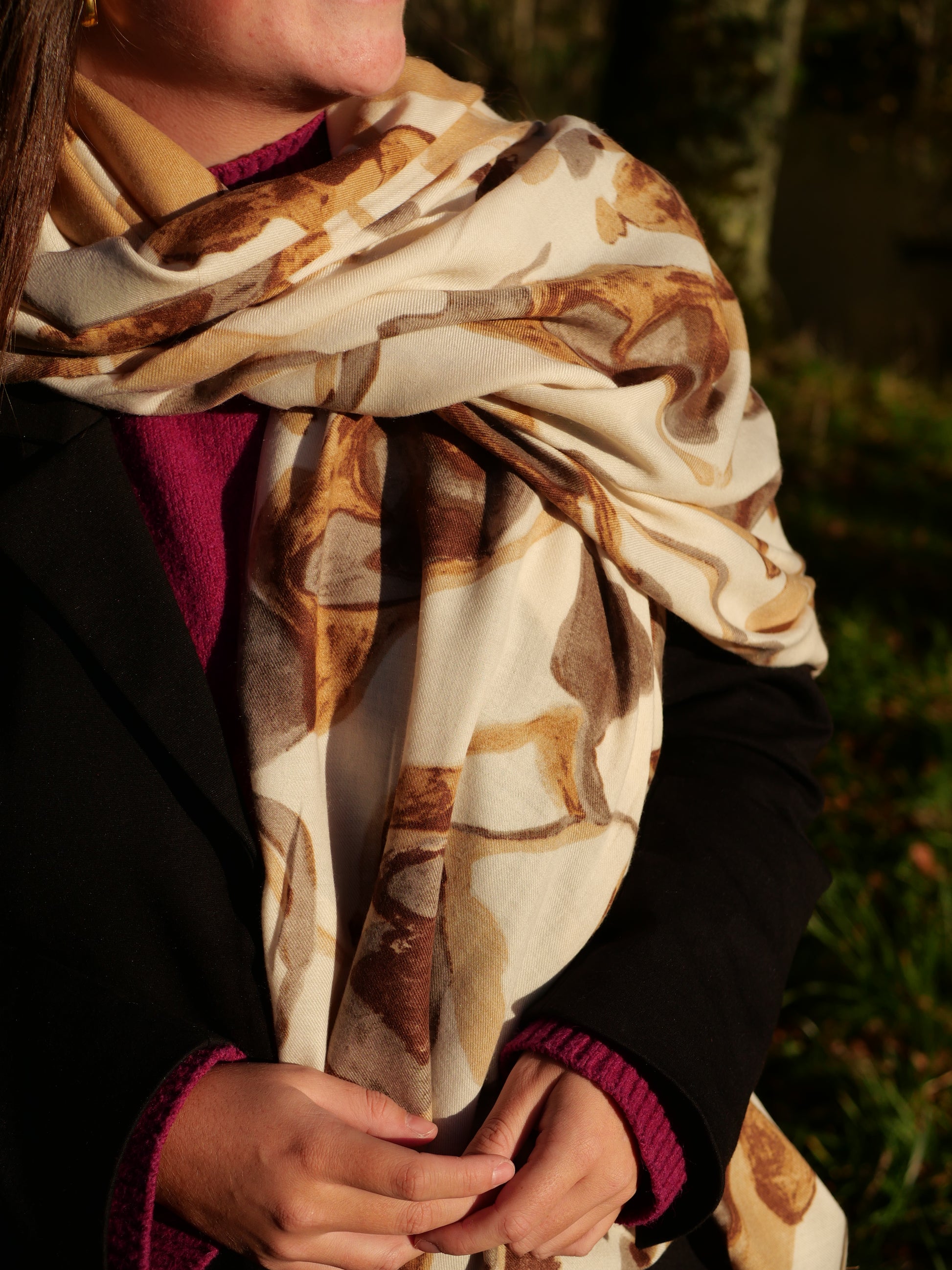 Echarpe femme motif beige blanc marron hiver laine douce chez ceane 