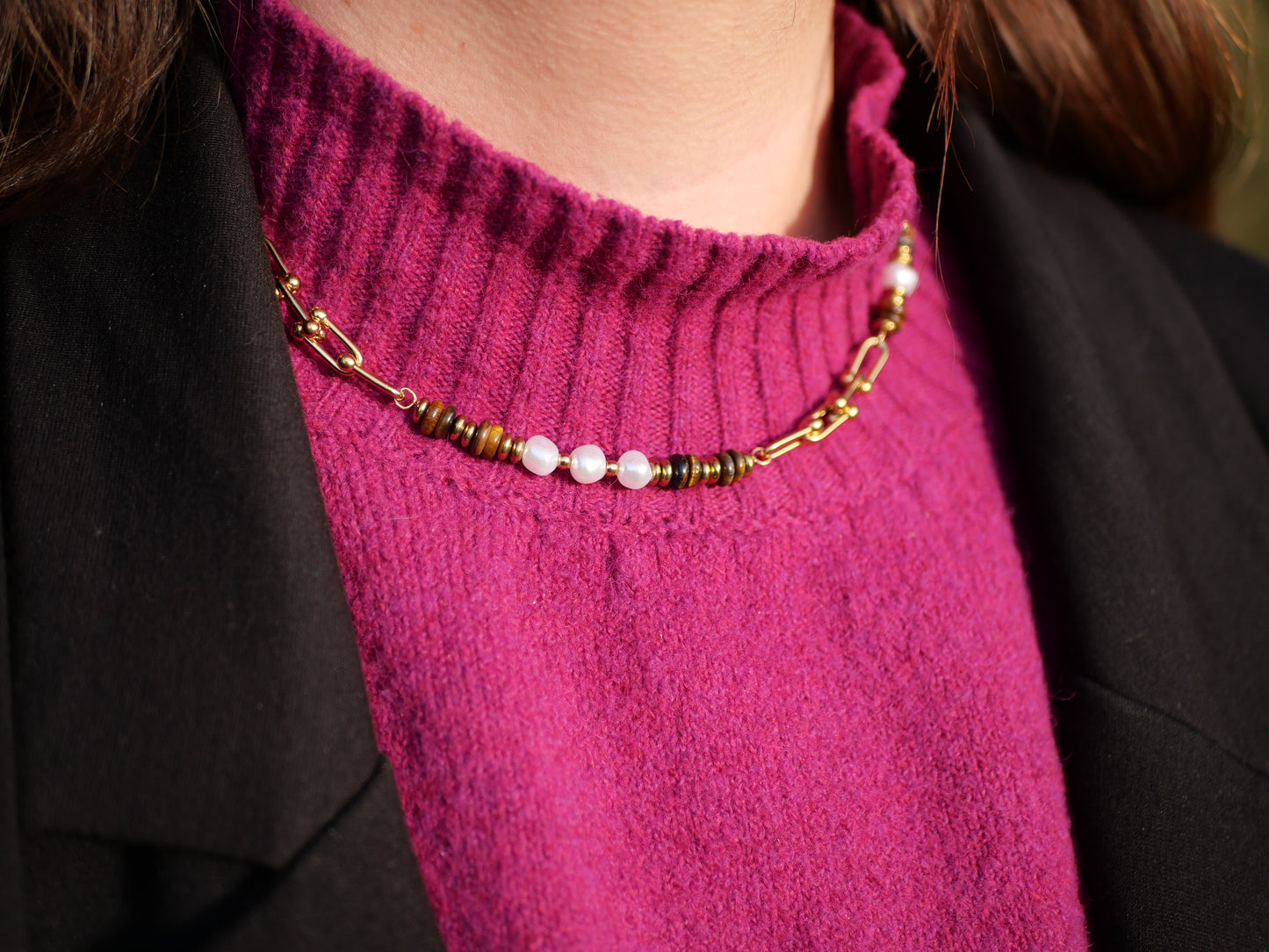 Collier perle et Or Marron acier inoxydable chez ceane 