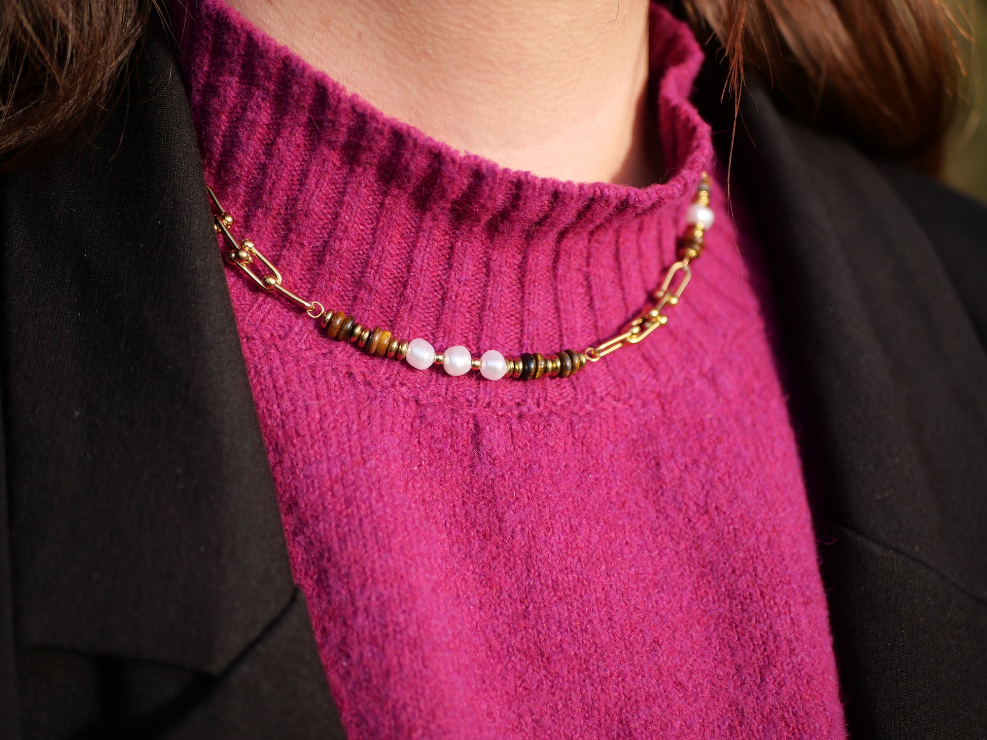 Collier perle et Or Marron acier inoxydable chez ceane 
