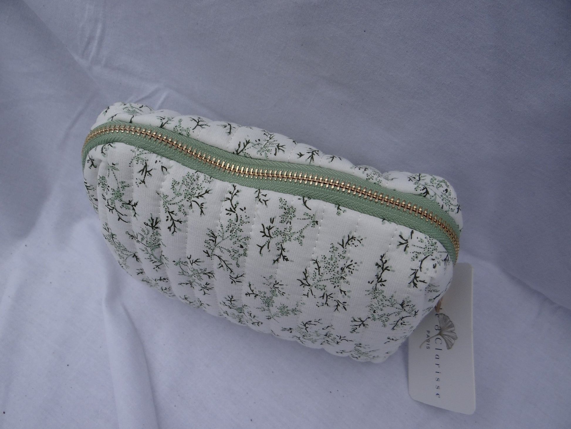 Pochette trousses fleurs vert et blanc tissus Chez Ceane