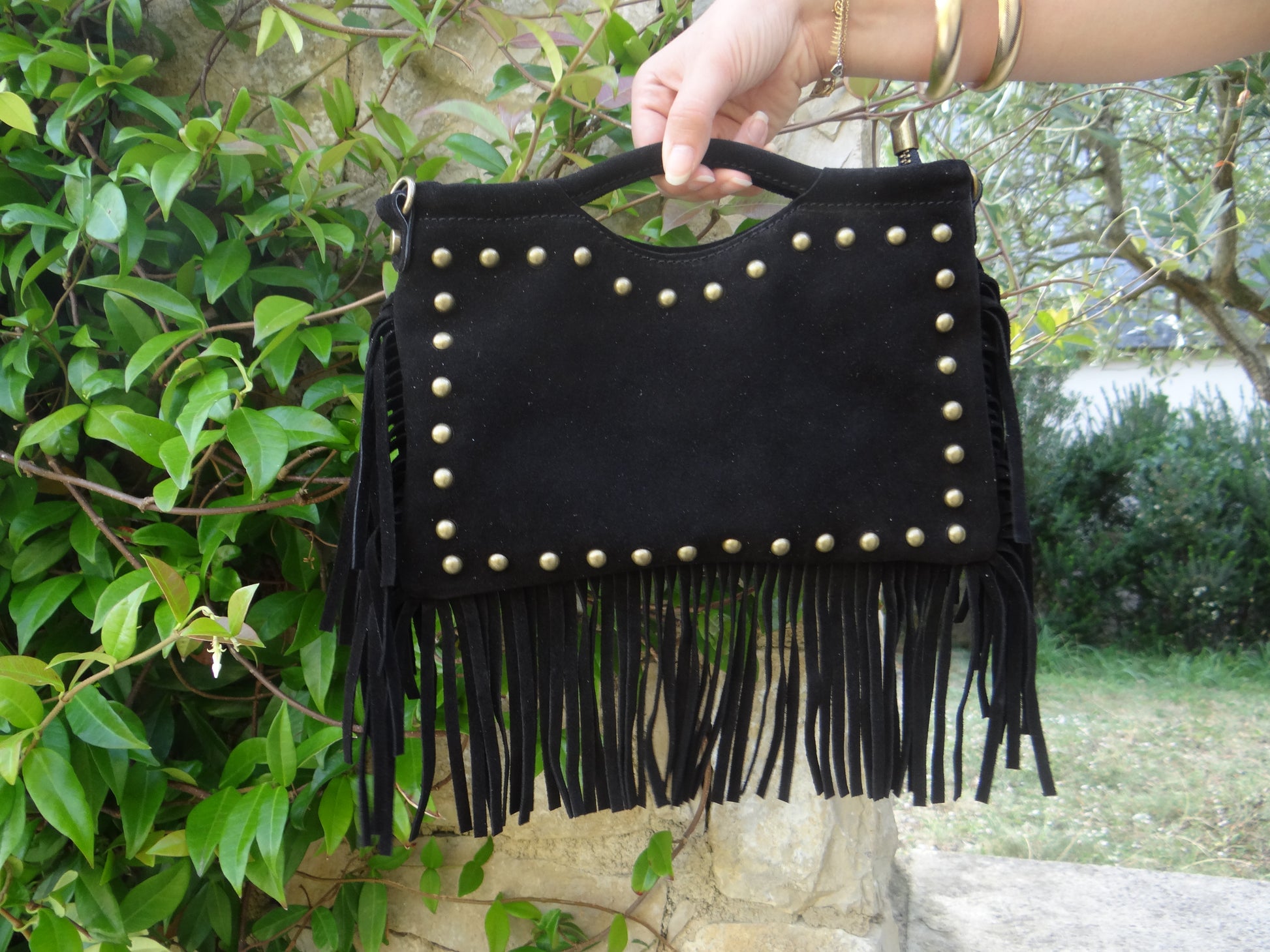 Sac à frange bandoulière noir clouté - Chez Ceane