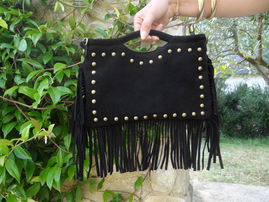 Sac à frange bandoulière noir clouté - Chez Ceane
