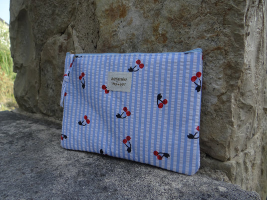 Trousse rayé blanc et bleu avec motif cerises - Chez Ceane